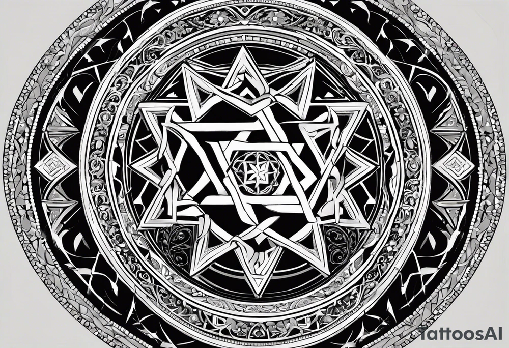The main element should be a Star of David Inside the star, I want the Armenian Wheel of Eternity.

	•	The Wheel of Eternity should be placed in the center of the Star of David, with a circular, swirling design to symbolize infinity and continuous life cycles. It should be detailed but simple enough to blend seamlessly with the star.
	•	The overall look should be bold, clean, and geometric, with a modern and minimalist style. tattoo idea