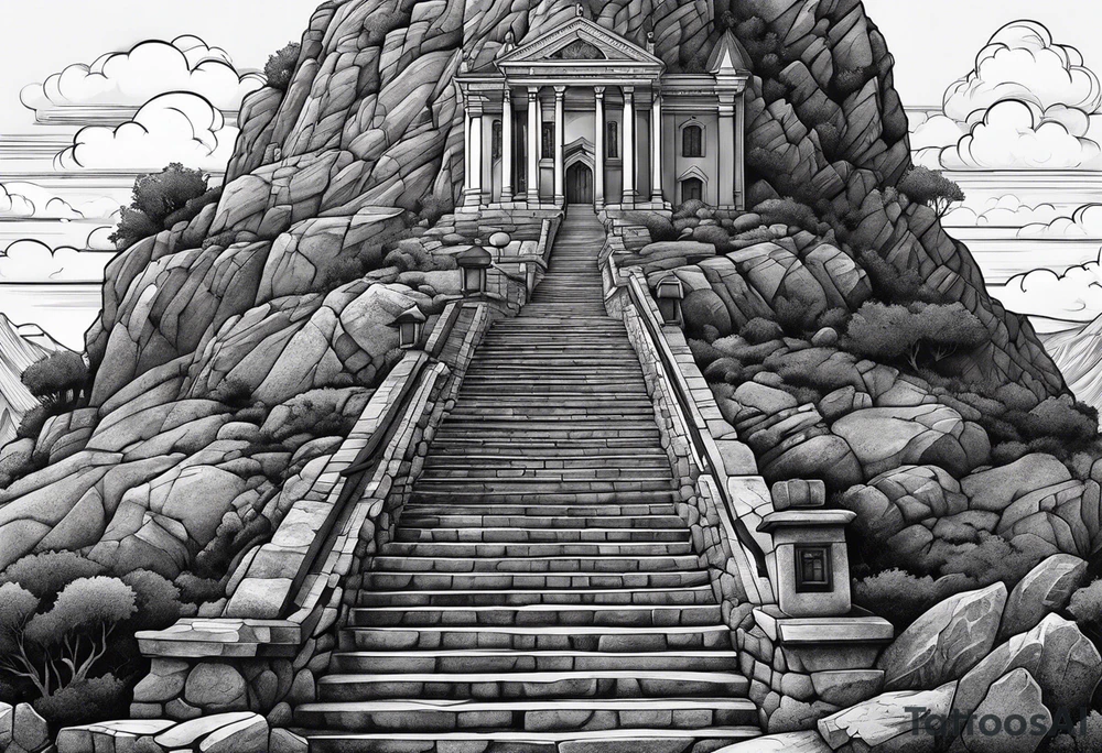 family of 4 walking up on stairs on the hill and on the top of the hill is church build in the rock tattoo idea