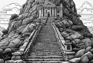 family of 4 walking up on stairs on the hill and on the top of the hill is church build in the rock tattoo idea