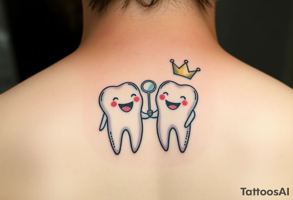 Two cute molar teeth holding hands, one wearing a tiny dentist’s mirror as a crown, pastel watercolor, soft and dreamy.” tattoo idea