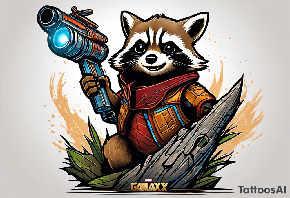 Disney guardians of the galaxy rocket playing with little groot (wooden creature) tattoo idea