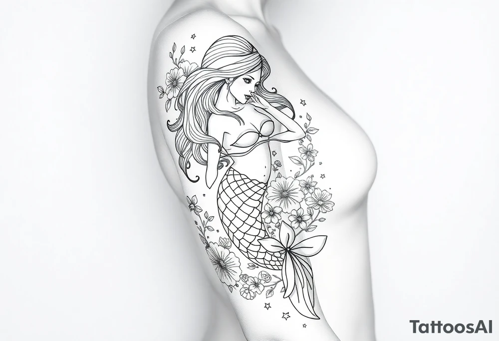 ethereal mermaid with flowing hair among coral and sea flowers tattoo idea
