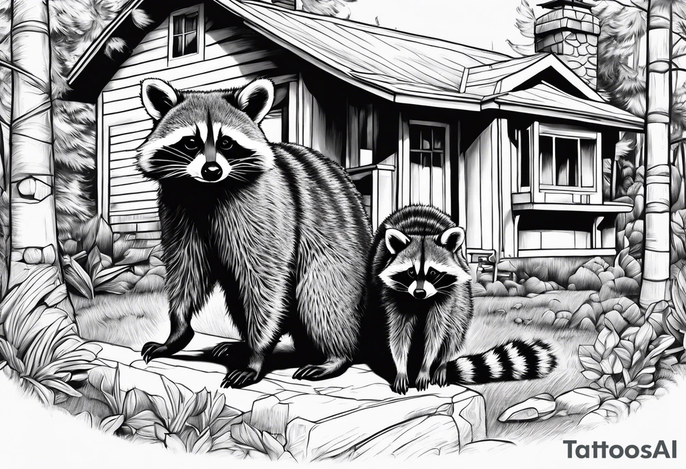 Hard working Raccoon Husband with wife ans child.
Background House and woods tattoo idea