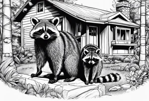 Hard working Raccoon Husband with wife ans child.
Background House and woods tattoo idea
