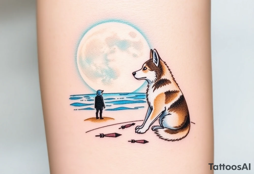 smALL HUSKY LOOKING AT A TRIBAL MOON STANDONG IN THE SAND IN THE SEA WITH THE CONSTALATION OF SAGITARIUS PUT COLOR ADD ARROW, MAKE HUSKY WHITE WITH BROWN SPOTS tattoo idea