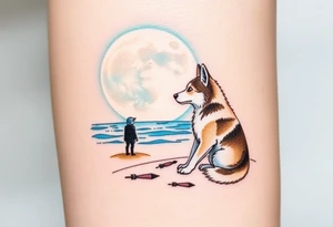 smALL HUSKY LOOKING AT A TRIBAL MOON STANDONG IN THE SAND IN THE SEA WITH THE CONSTALATION OF SAGITARIUS PUT COLOR ADD ARROW, MAKE HUSKY WHITE WITH BROWN SPOTS tattoo idea