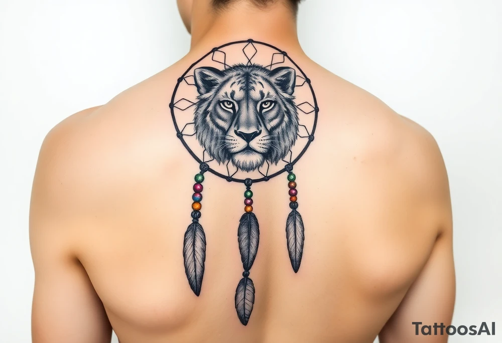 Starting with a circular frame of the dreamcatcher could start at the top of your shoulder, with the lioness’s face as the focal point right on the curve of your shoulder. The feathers and rosary beads could cascade down your arm, following its natural lines. The vibrant LGBTQ colors in the beads would add a striking contrast to the earthy tones of the dreamcatcher and the detailed shading of the lioness. tattoo idea