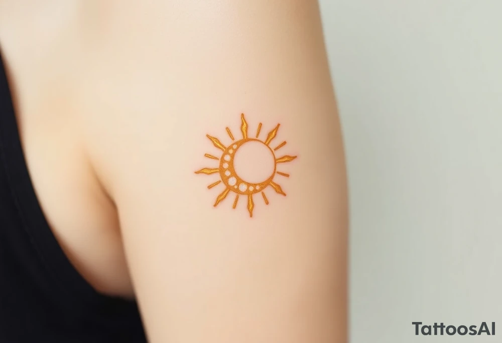 A glowing sun and a tiny crescent moon intertwined, in soft golden and silver tones, symbolizing the balance of parent and child tattoo idea