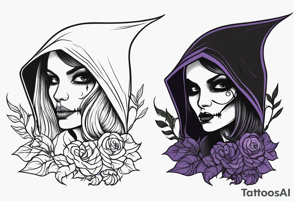 cute feminine grim reaper with scythe and nightshade tattoo idea