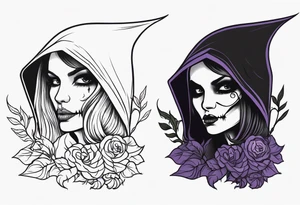 cute feminine grim reaper with scythe and nightshade tattoo idea