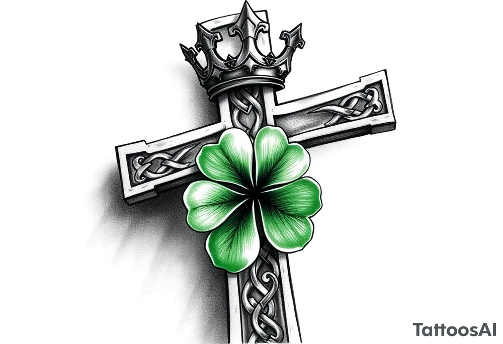 a small celtic cross with a crown and a green four leaf clover tattoo idea