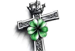 a small celtic cross with a crown and a green four leaf clover tattoo idea