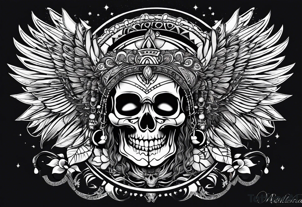 black kali, goddess pirate, alien, pachamama, valkrye, warrior, skull, lotus azul, wing, eagle, zenza resonance, stars, 5D tattoo idea