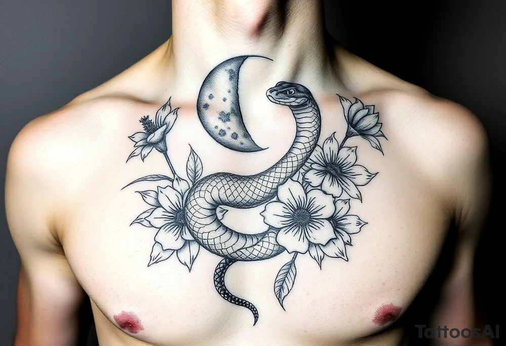 A snake slithering in different flowers with a quarter moon in the background tattoo idea
