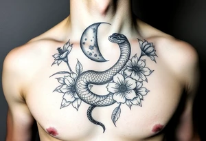 A snake slithering in different flowers with a quarter moon in the background tattoo idea