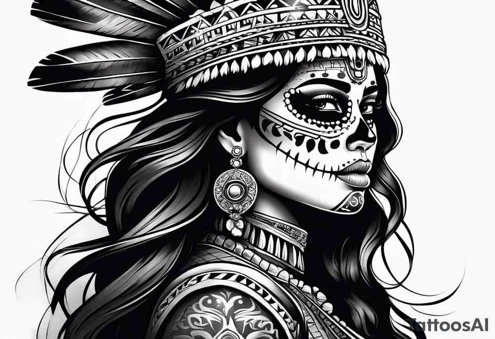Aztec princess side profile day of the dead tattoo idea