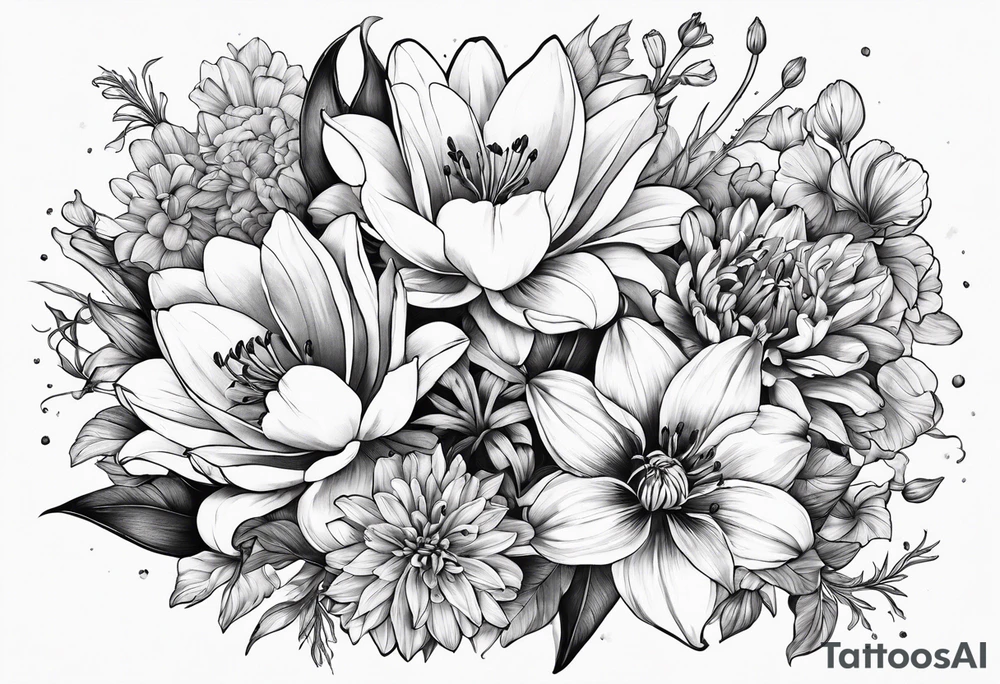 lily, marigold, tulip, cosmo, and aster tattoo idea