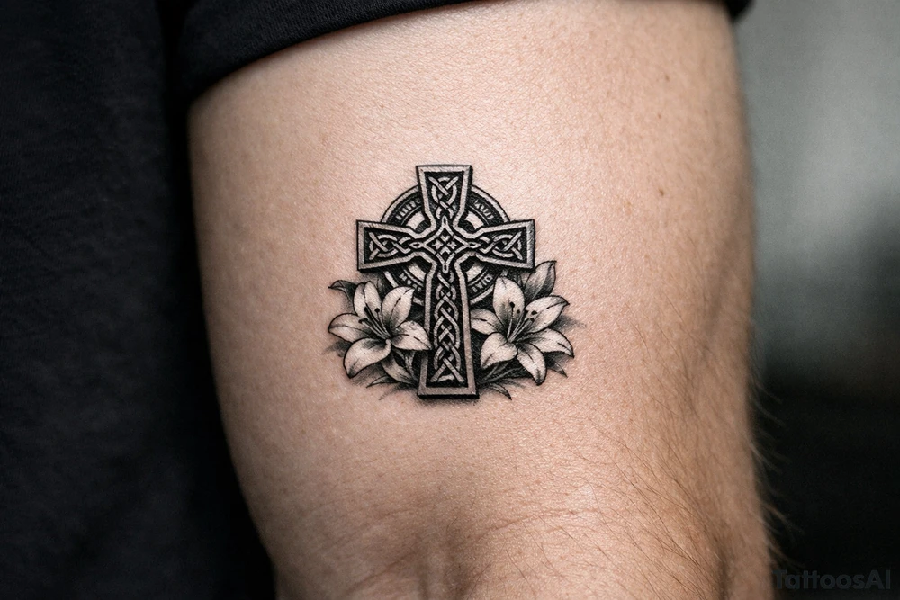 Celtic cross with Lillies memorial tattoo idea