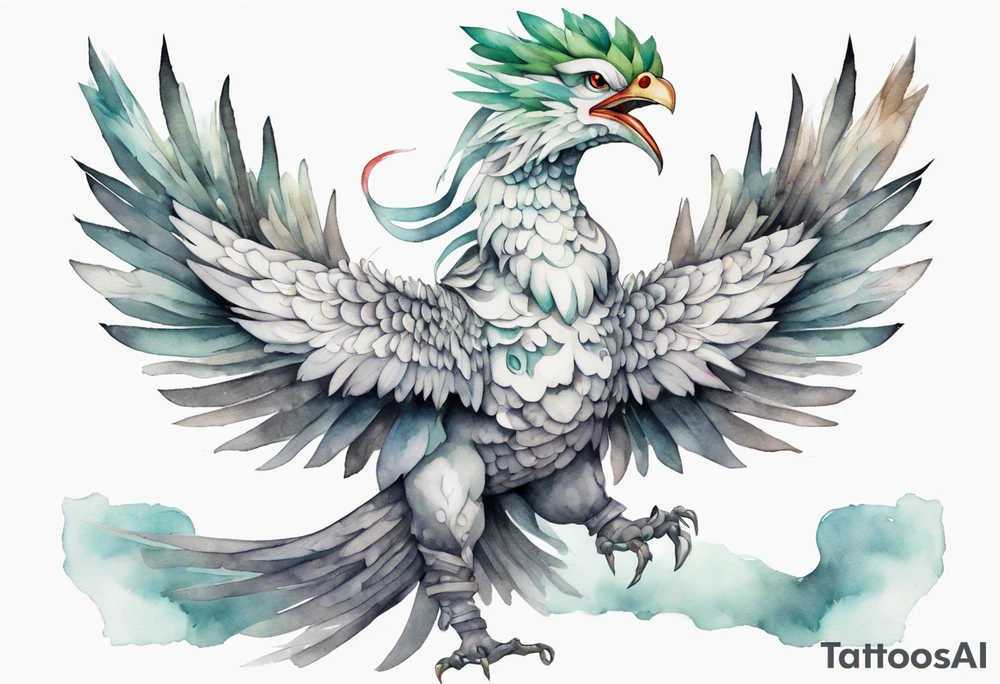 a solitary white  Quetzalcoatl wearing a grey crown tattoo idea