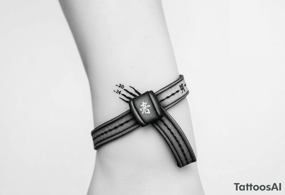 A realistic black and gray tattoo of a Brazilian Jiu-Jitsu black belt wrapping around the wrist like a bracelet. The belt is tied in a knot with one end showing the number 30 and the other showing 24. On the flat end of the belt, two Japanese kanji characters are inked in white: 成長 (growth) and 忍耐 (perseverance). The belt has subtle stitch marks and worn, textured shading for a slightly distressed, authentic look. The style is clean, symbolic, and bold, designed to wrap naturally around the wrist like a wristband.” tattoo idea