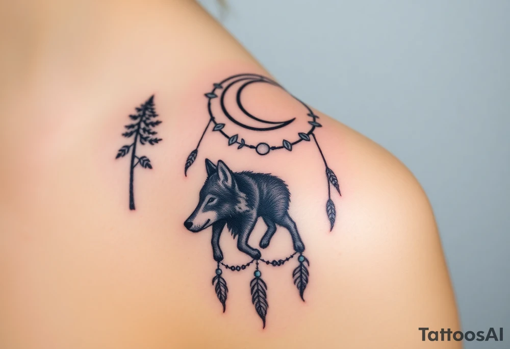 A wolf walking under a crescent moon within a dreamcatcher, surrounded by trees. The wolf is in black with white highlights, and the dreamcatcher is detailed with silver moon symbols and green leaves tattoo idea