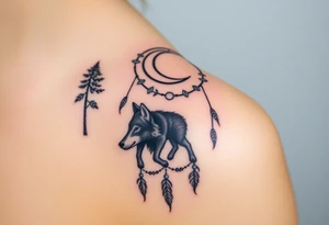 A wolf walking under a crescent moon within a dreamcatcher, surrounded by trees. The wolf is in black with white highlights, and the dreamcatcher is detailed with silver moon symbols and green leaves tattoo idea