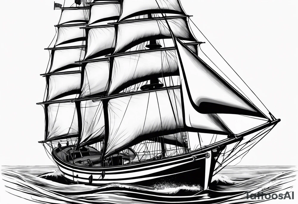 bow of a sailboat. 1 mast and 2 sails to windward. one of the 2 sails is half sail, half marine lighthouse. tattoo idea