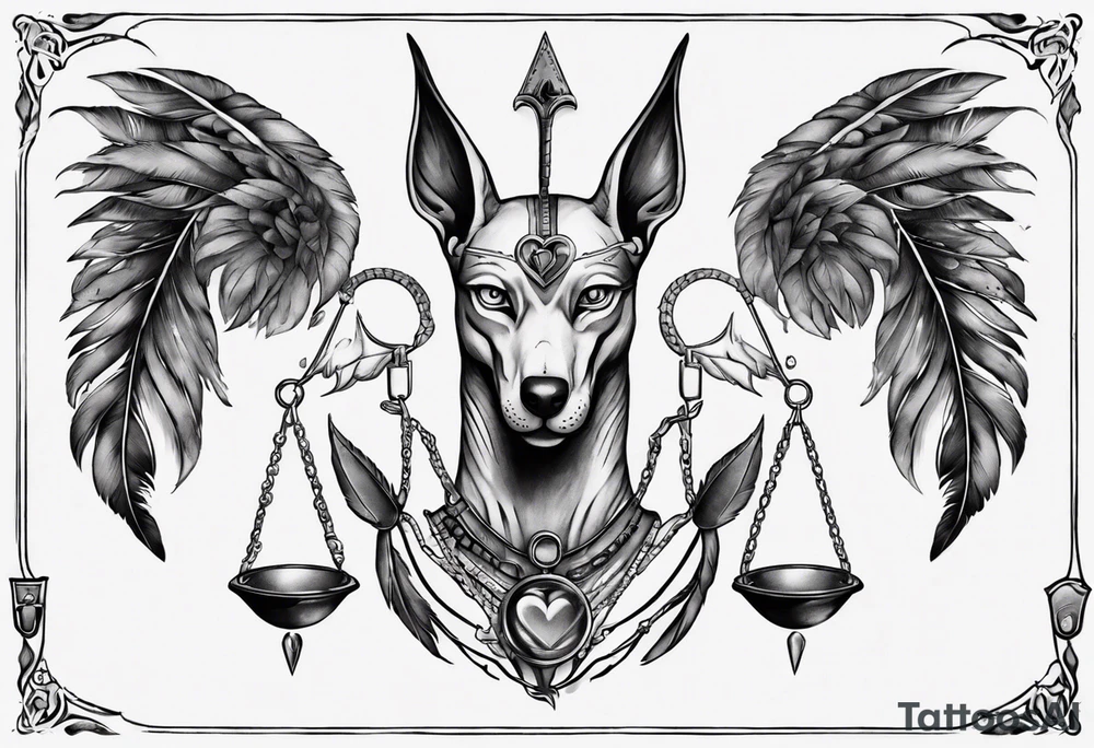 heart and feather on scales anubis weighing of the souls tattoo idea
