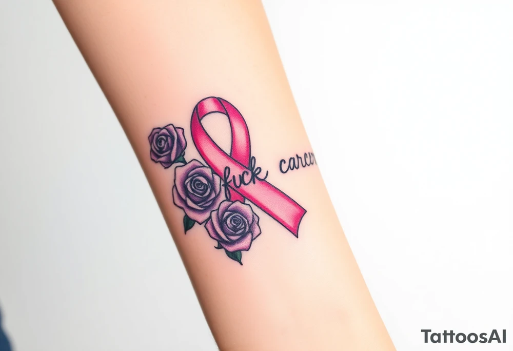 Pretty pink Cancer ribbon that says "fuck cancer"with 3 purple roses tattoo idea