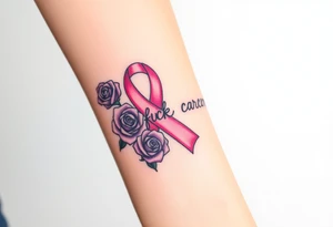Pretty pink Cancer ribbon that says "fuck cancer"with 3 purple roses tattoo idea