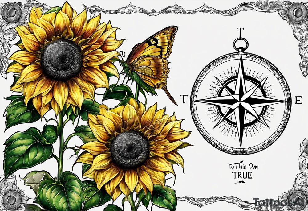 Sunflower and a compass, with the words "To Thine Own Self Be True" tattoo idea