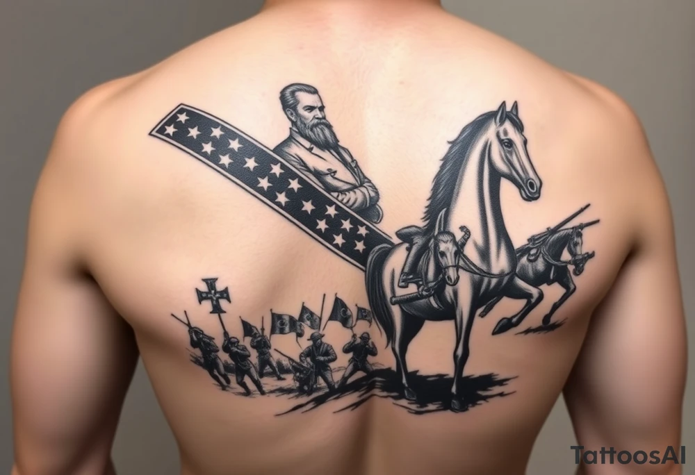 Confederate flag with a portrait of stonewall Jackson on a horse add in a battle scene with confederate soldiers winning & Jefferson Davis on one side add in shading and color add in WWII battle in the southern pacific & one fighting a big nazi battle tattoo idea
