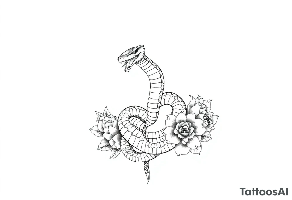 Kundalini cobra coiled around upper thigh surrounded by peonies tattoo idea