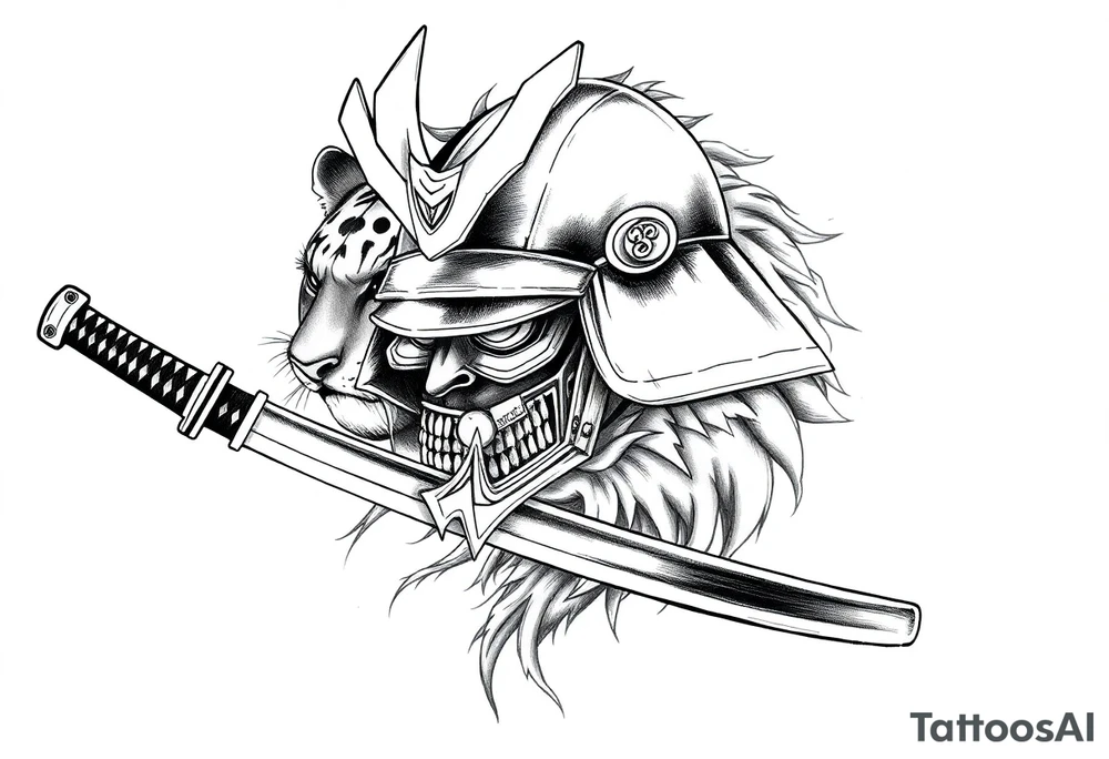 Samurai helmet resting on a katana blade, fierce tiger emerging behind it, traditional Japanese tattoo design, blackwork with soft grey shading, intense energy, bold line art, framed composition for forearm tattoo with full sleeve in mind, sketch ink style, minimal background, ration 2:3 vertical tattoo idea