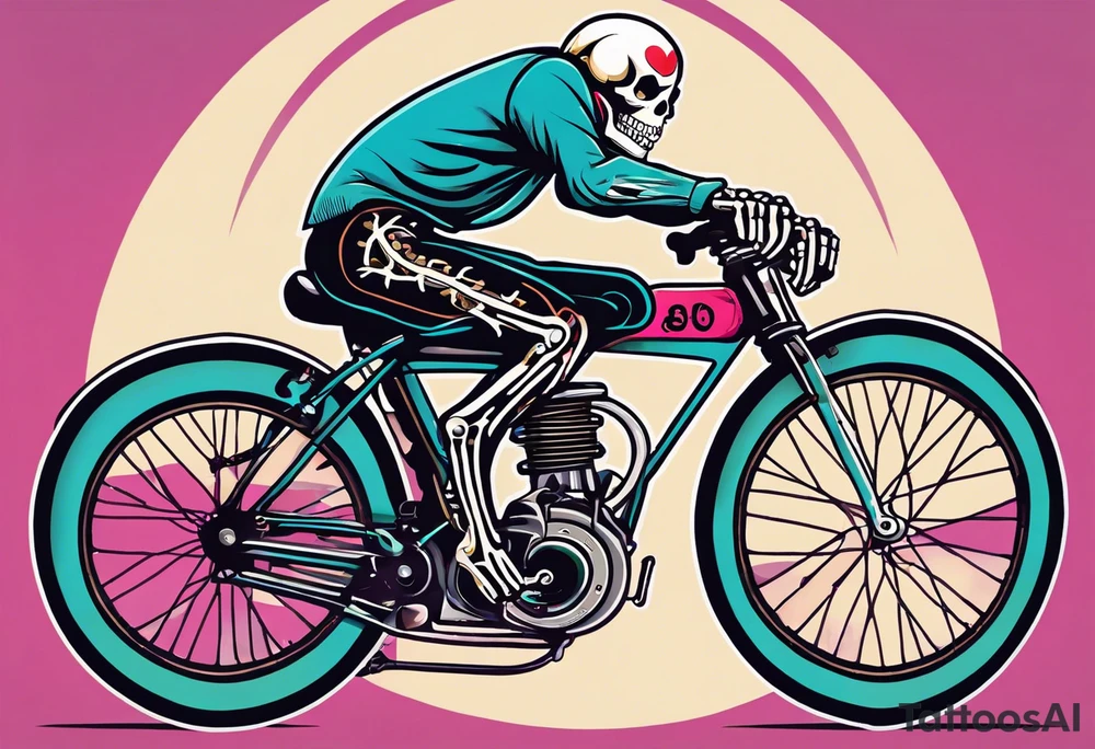 skeleton wearing 80s style licra and cap rides a road racing bicycle. The skeleton is grinning at the viewer. There is no background image tattoo idea