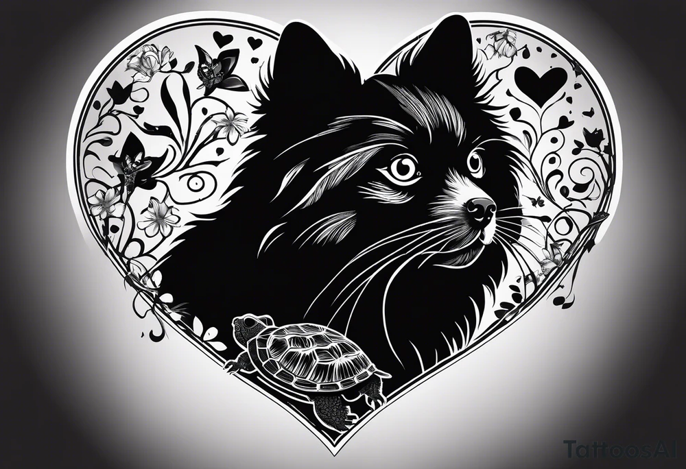 Silhouette of pomeranian dog, cat, turtle and guinea pig all arount heart tattoo idea