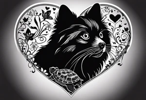 Silhouette of pomeranian dog, cat, turtle and guinea pig all arount heart tattoo idea