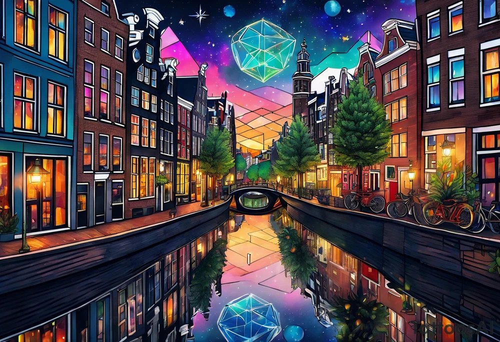 Animals featuring animals and featuring colours of the universe and galaxies and pineapples in amsterdam city featuring Amsterdam buildings and canal made of glass tattoo idea