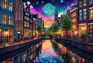 Animals featuring animals and featuring colours of the universe and galaxies and pineapples in amsterdam city featuring Amsterdam buildings and canal made of glass tattoo idea