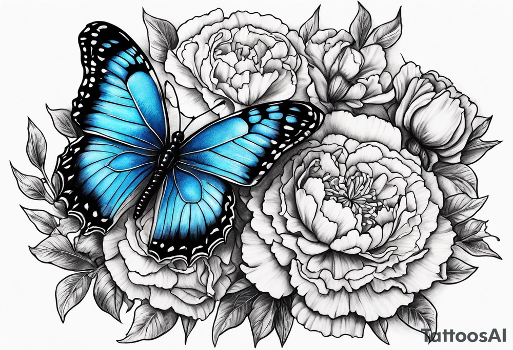 Blue butterfly moon carnations tattoo idea
