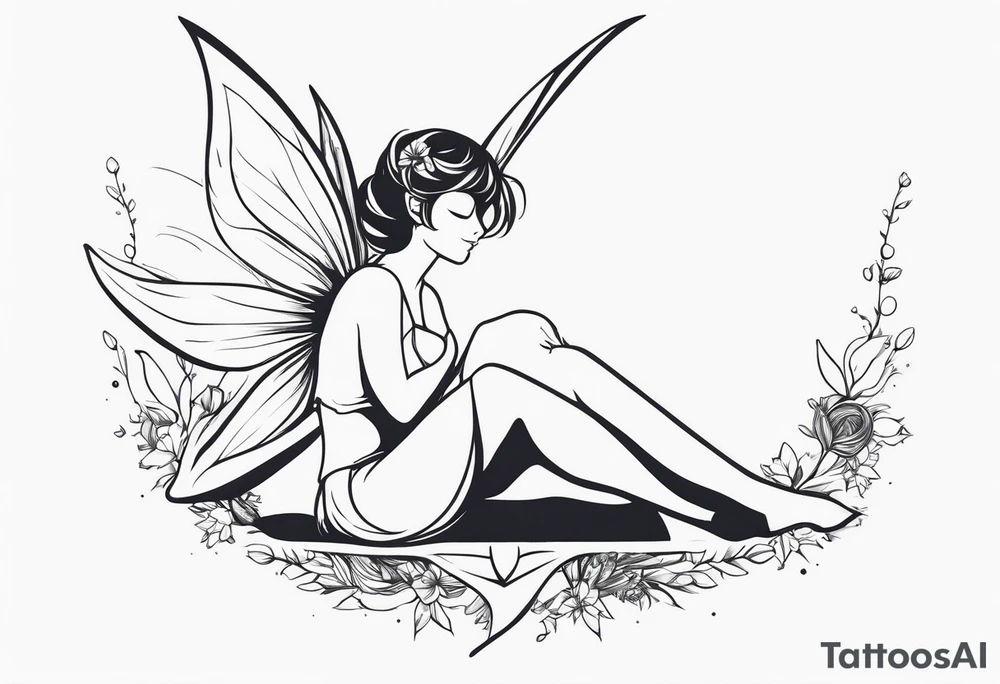 Minimalistic, monochromatic fairy with a tail flying to the left in a fetal position, leaning and looking in the same direction, with visible hands, embodying the 'Fairy Tail' logo aesthetic. tattoo idea