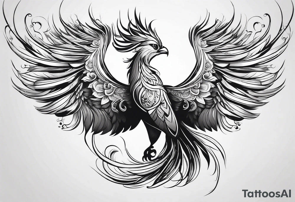 minimalist pheonix with long tail curling tattoo idea