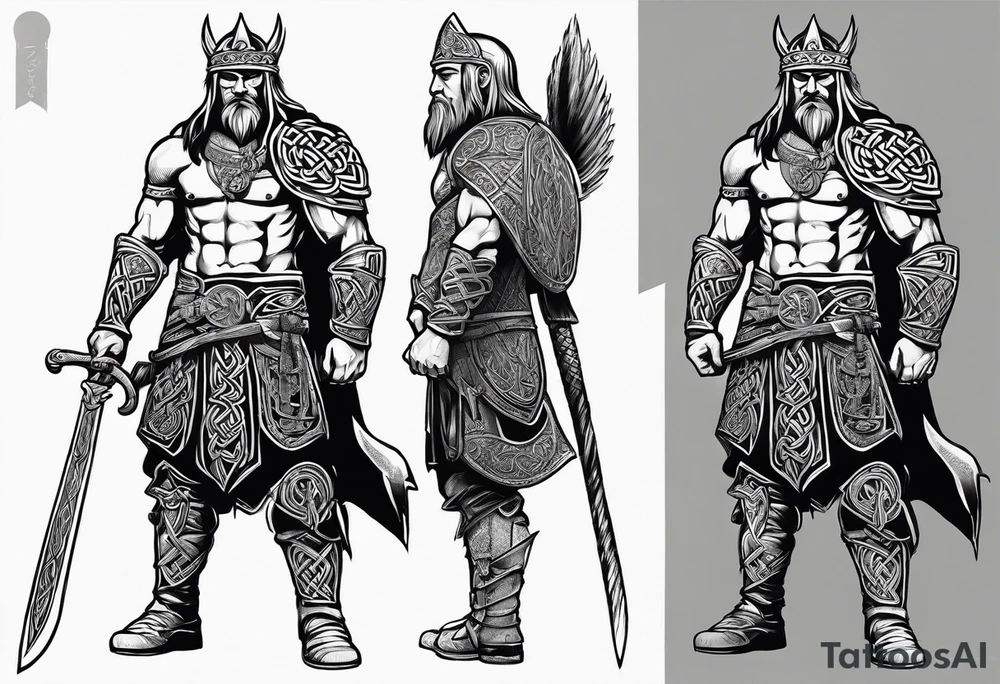 Side facing full body shot of Celtic warrior with weapon unsheathed. tattoo idea