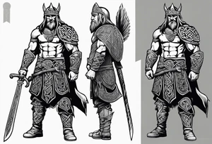 Side facing full body shot of Celtic warrior with weapon unsheathed. tattoo idea