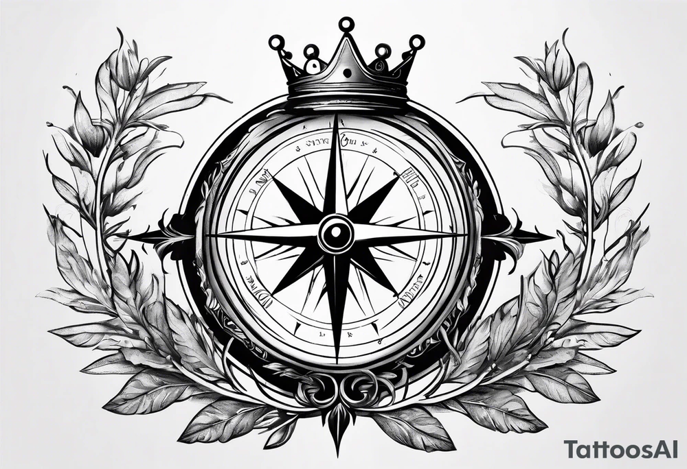 A cool compass with a narrow olive branch crown around it tattoo idea