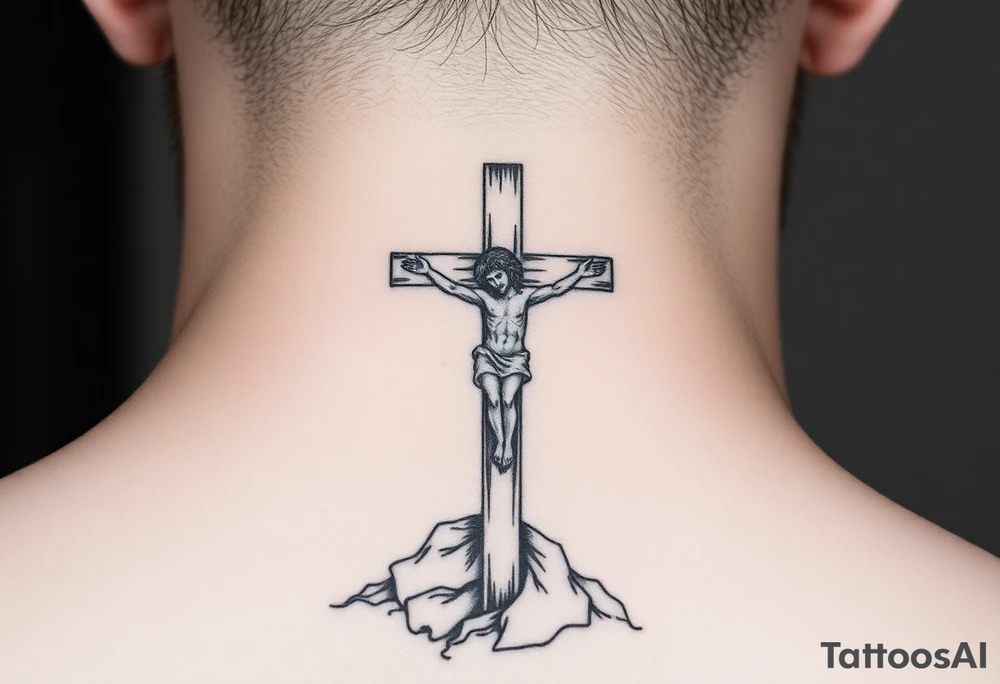Traditional orthodox ICXC Christian cross with Jesus Christ on the cross also with the slanted part of the cross where christs feet were nailed in a Russian wilderness Kremlin setting tattoo idea