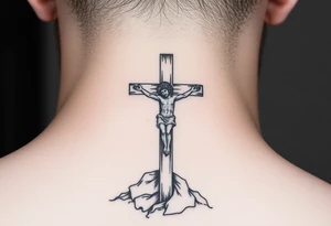 Traditional orthodox ICXC Christian cross with Jesus Christ on the cross also with the slanted part of the cross where christs feet were nailed in a Russian wilderness Kremlin setting tattoo idea