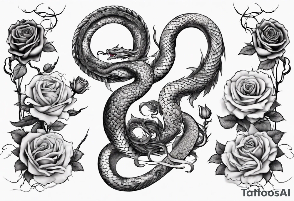 snake Japanese dragon playing with moon and roses tattoo idea