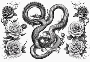 snake Japanese dragon playing with moon and roses tattoo idea