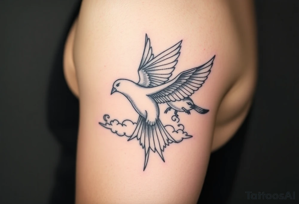 Dove and a blue jay, clouds, shining light to or from heaven tattoo idea